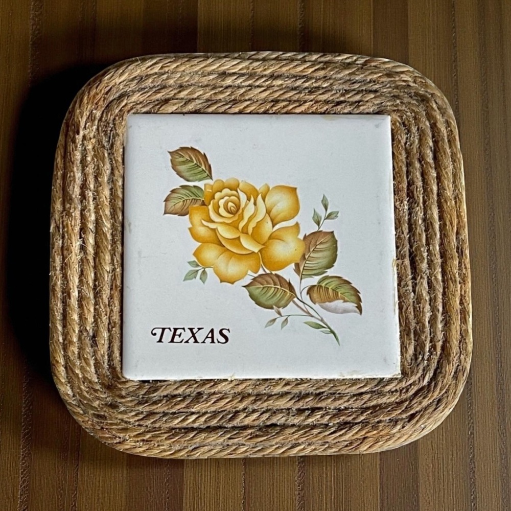 Handcrafted Texas Yellow Rose Ceramic Tile Jute Composite Board Trivet Decor
